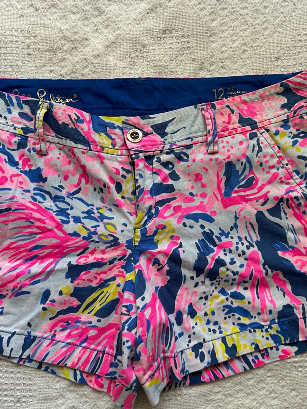 Lilly Pulitzer Pink, Navy & Yellow Printed Jean Shorts